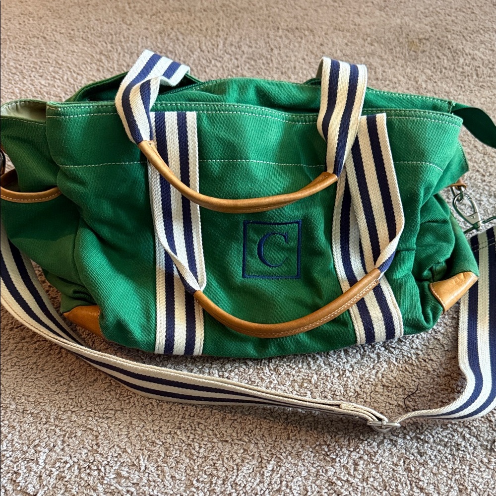 Pottery Barn Kids Green Tote with Striped Handles